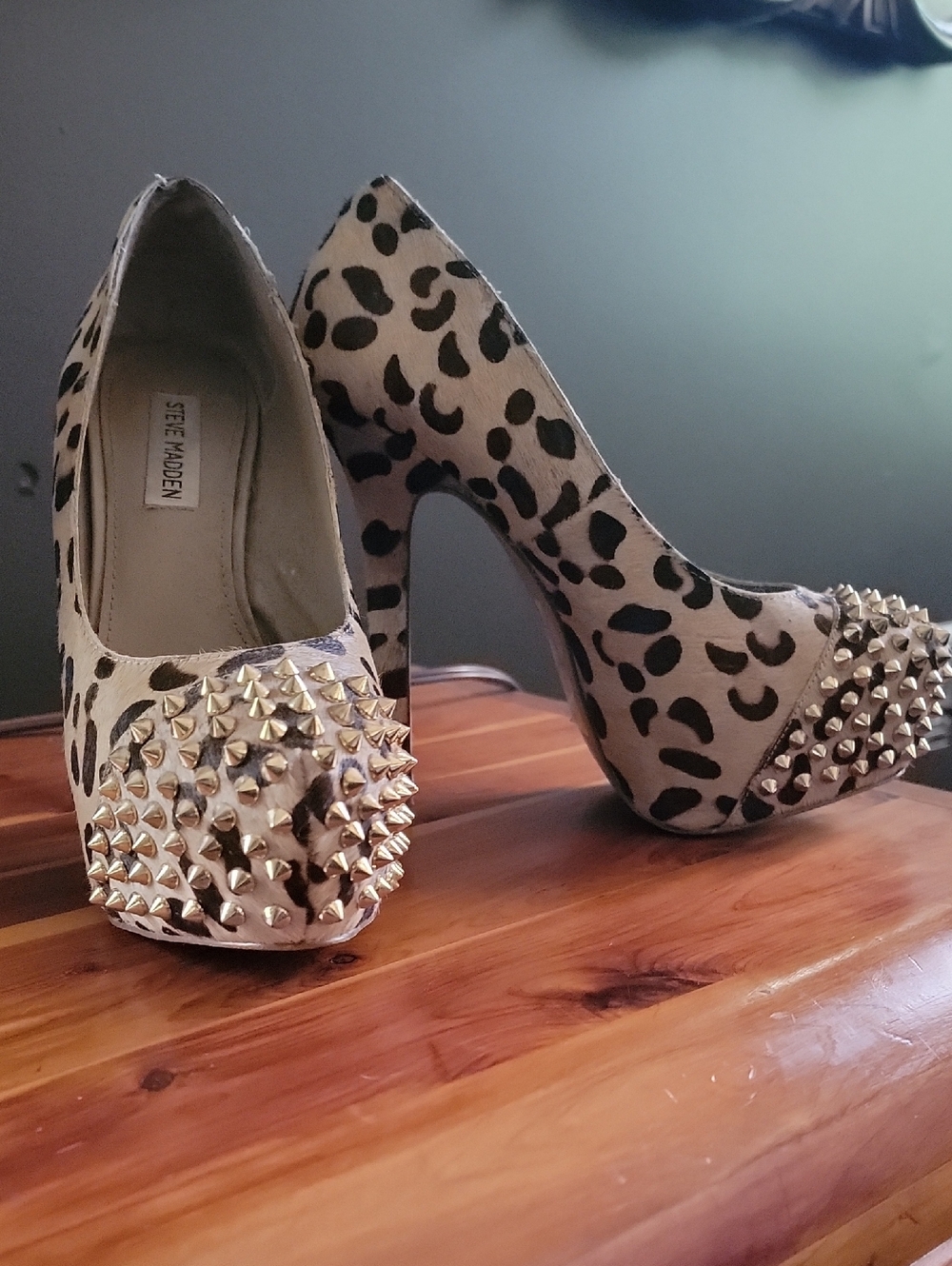 Steve Madden Leopard Print Spike Toe Pumps - Beige/Black/Gold Studs